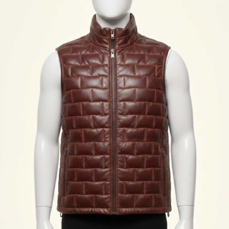 Stylish mahogany brown mens leather puffer vest with a high stand collar on a mannequin.