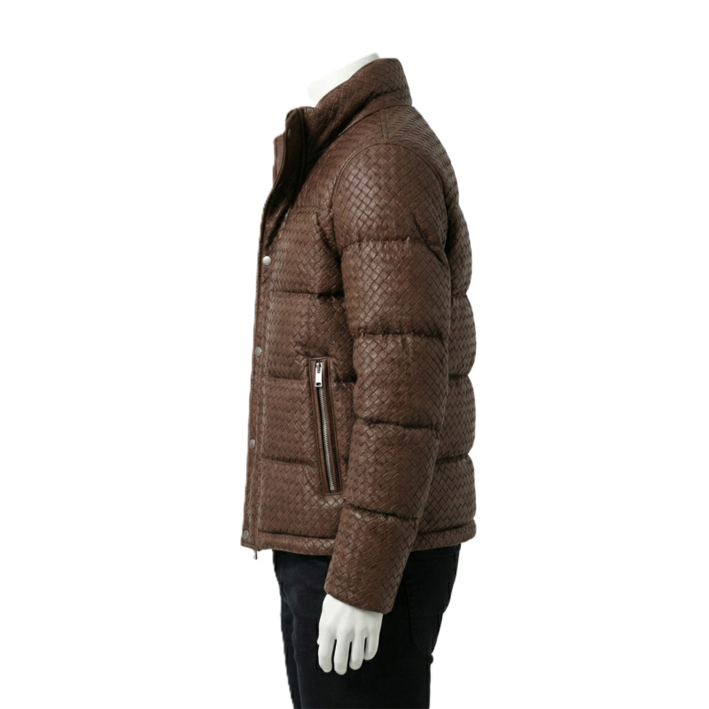 A luxury brown woven genuine leather puffer jacket for men by Custom Jackets USA.