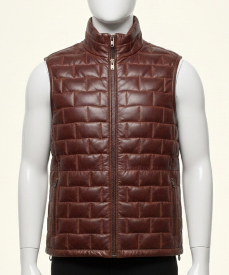 Stylish mahogany brown mens leather puffer vest with a high stand collar on a mannequin.