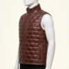 Stylish mahogany brown mens leather puffer vest with a high stand collar on a mannequin.
