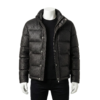 A luxury black woven genuine leather puffer jacket for men by Custom Jackets USA.