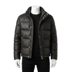 A luxury black woven genuine leather puffer jacket for men by Custom Jackets USA.