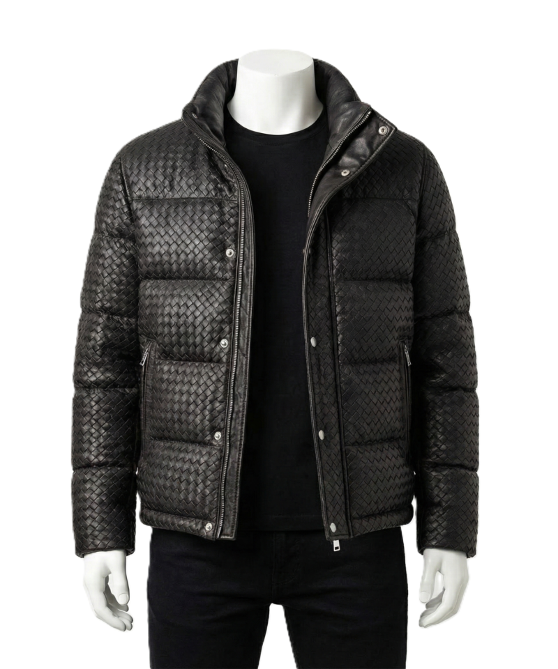 A luxury black woven genuine leather puffer jacket for men by Custom Jackets USA.
