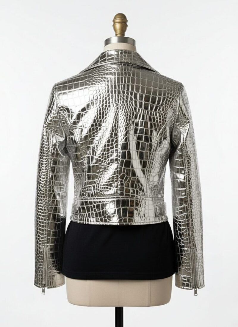 Detailed shot of metallic silver crocodile womens leather bike jackets with a biker ladies leather jacket finish.