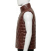 Stylish mahogany brown mens leather puffer vest with a high stand collar on a mannequin.