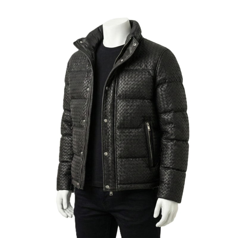 A luxury black woven genuine leather puffer jacket for men by Custom Jackets USA.