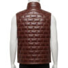 Stylish mahogany brown mens leather puffer vest with a high stand collar on a mannequin.