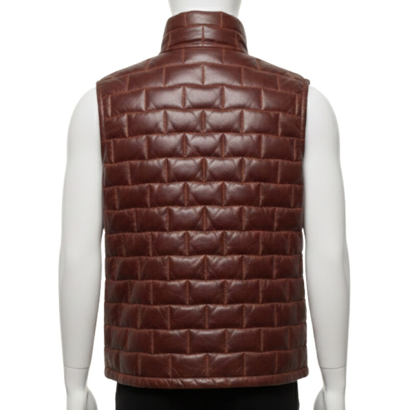 Stylish mahogany brown mens leather puffer vest with a high stand collar on a mannequin.