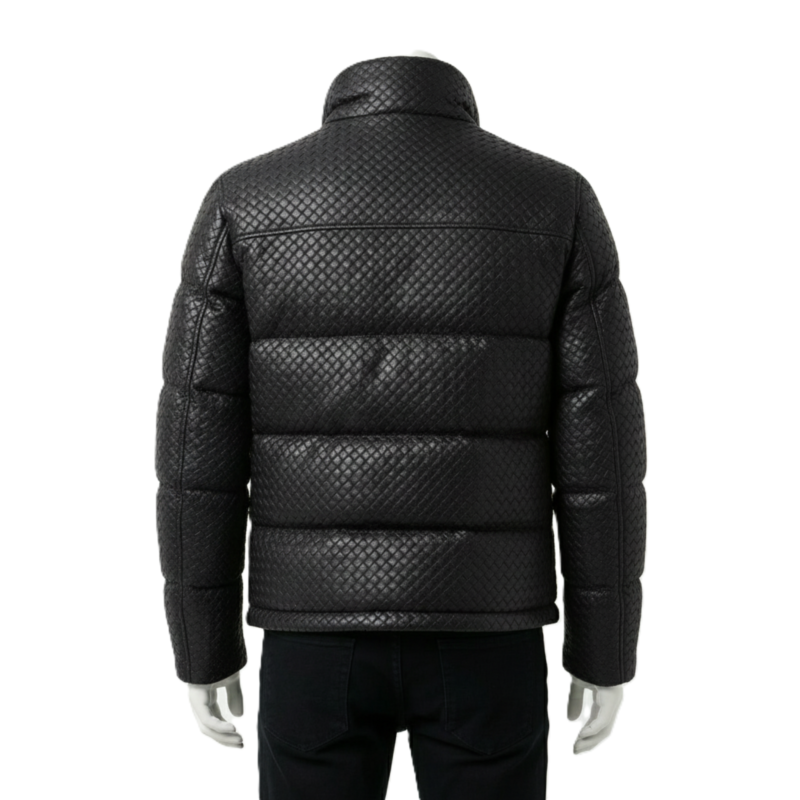 A luxury black woven genuine leather puffer jacket for men by Custom Jackets USA.
