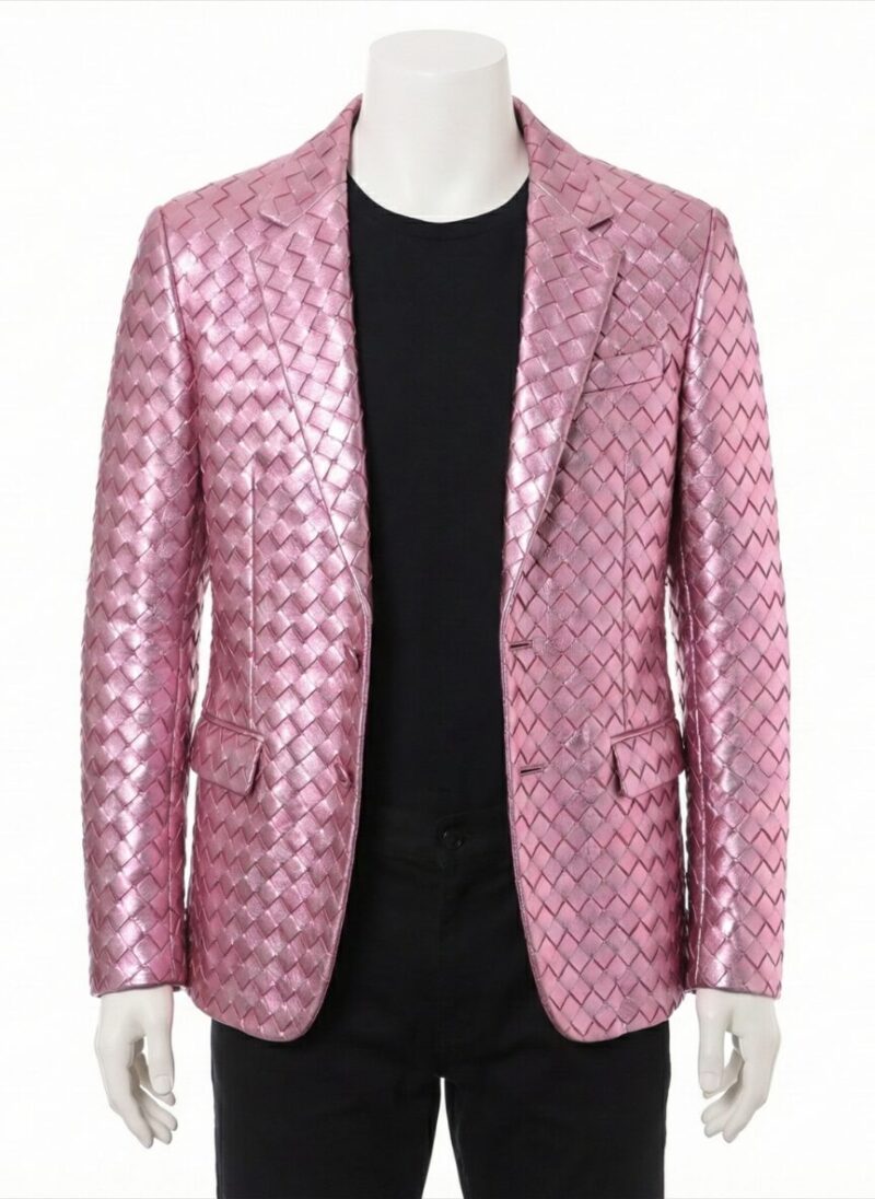 A luxury metallic pink woven genuine leather coat for men by Custom Jackets USA.