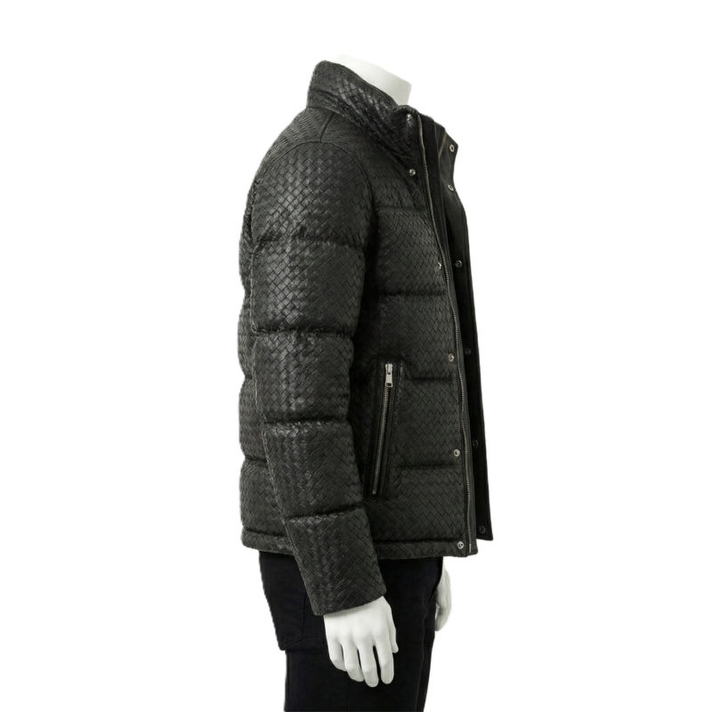 A luxury black woven genuine leather puffer jacket for men by Custom Jackets USA.
