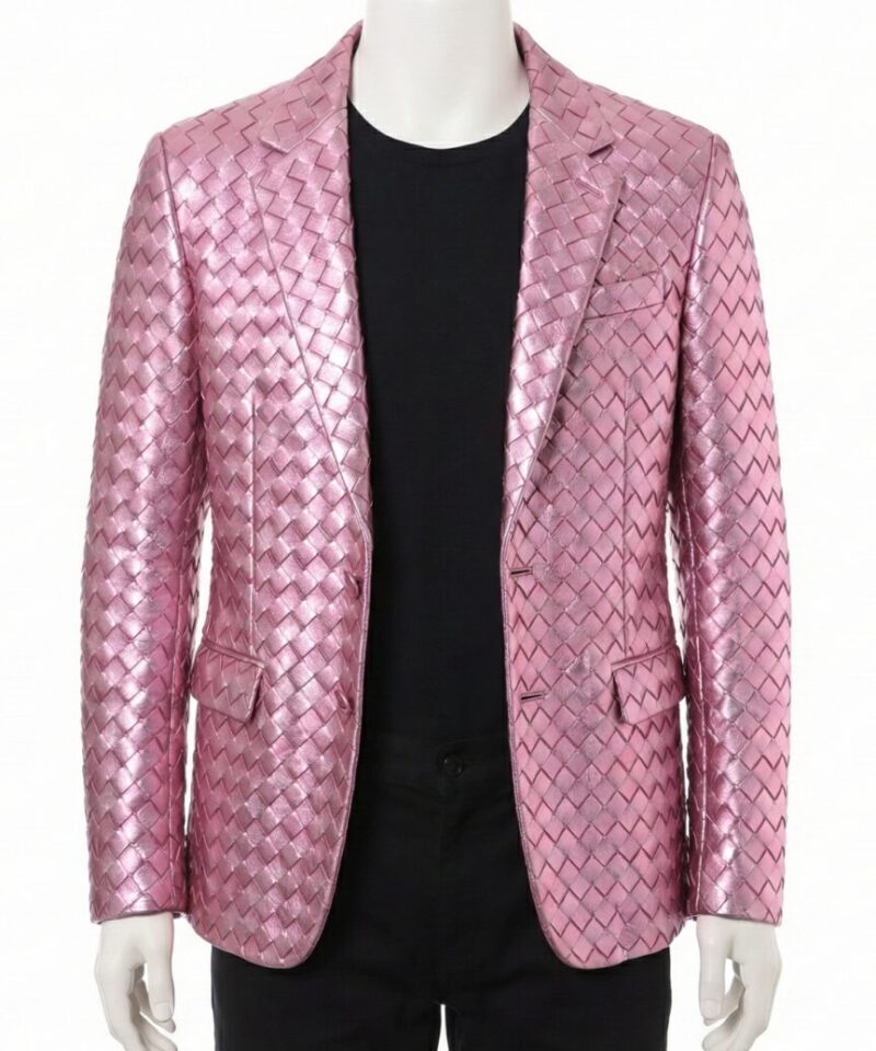 A luxury metallic pink woven genuine leather coat for men by Custom Jackets USA.