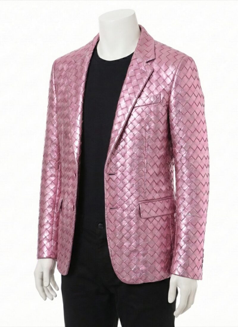 A luxury metallic pink woven genuine leather coat for men by Custom Jackets USA.