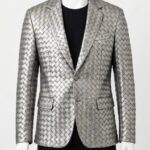 A luxury metallic silver woven genuine leather coat for men by Custom Jackets USA.