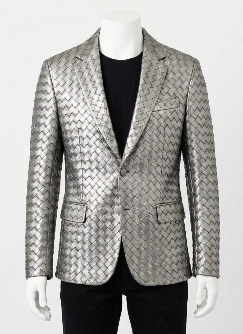 A luxury metallic silver woven genuine leather coat for men by Custom Jackets USA.
