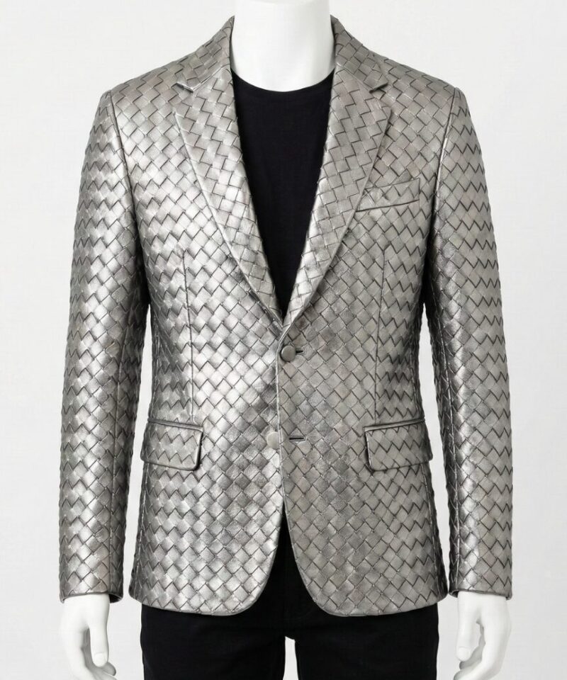 A luxury metallic silver woven genuine leather coat for men by Custom Jackets USA.