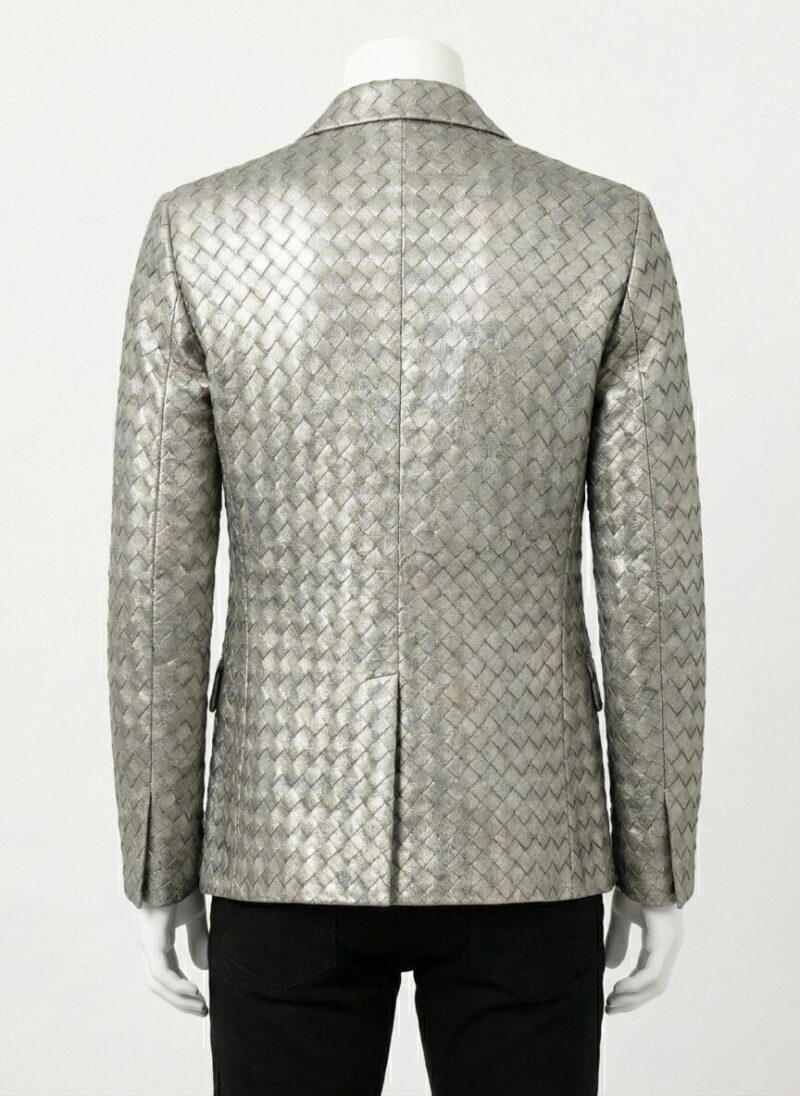 A luxury metallic silver woven genuine leather coat for men by Custom Jackets USA.