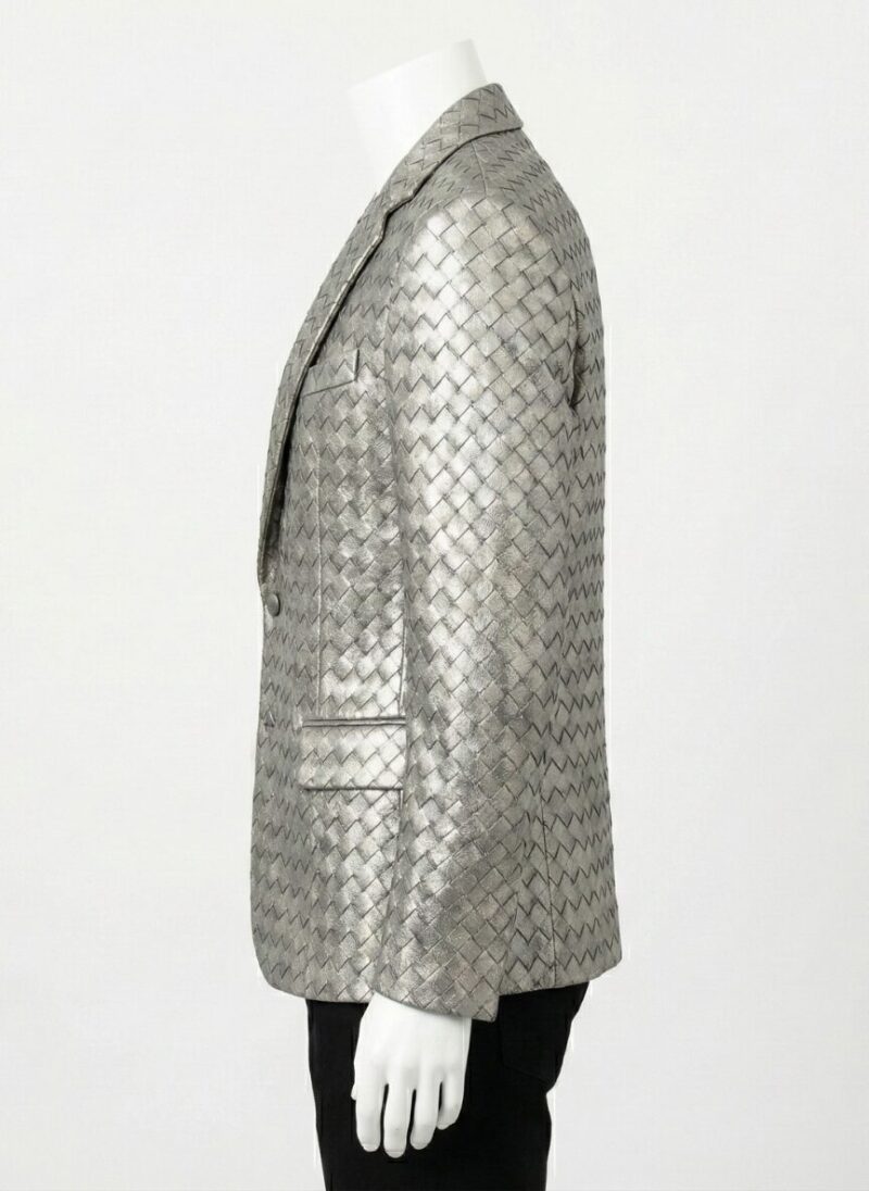A luxury metallic silver woven genuine leather coat for men by Custom Jackets USA.