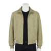 A luxury sage green hand-woven men's leather bomber jacket with a classic collar and ribbed cuffs, showcasing high-end texture and craftsmanship.