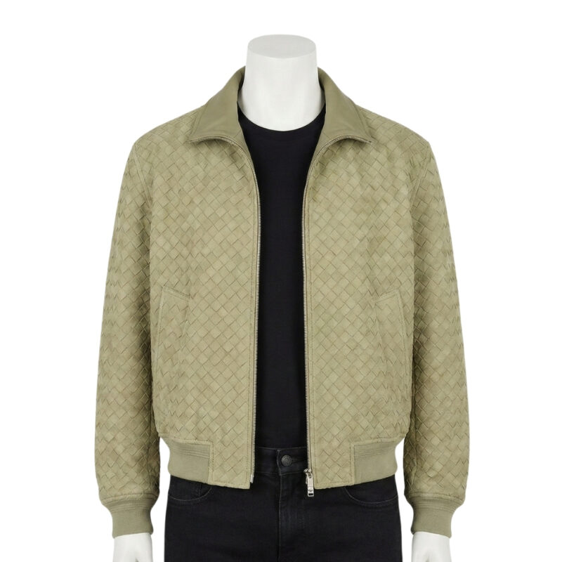 A luxury sage green hand-woven men's leather bomber jacket with a classic collar and ribbed cuffs, showcasing high-end texture and craftsmanship.