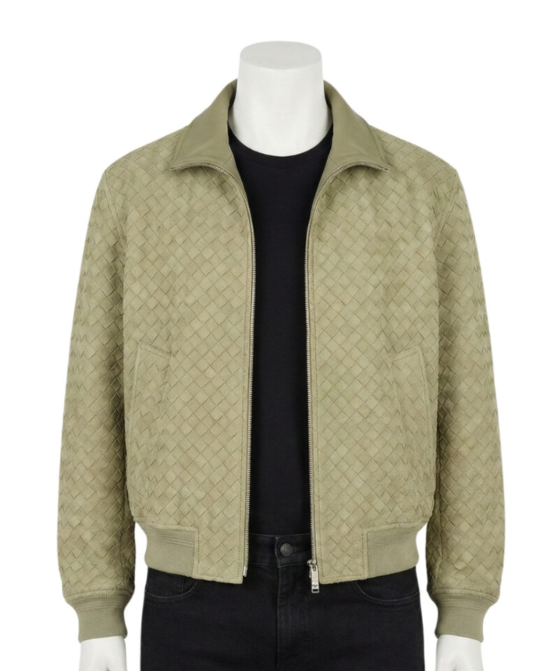 A luxury sage green hand-woven men's leather bomber jacket with a classic collar and ribbed cuffs, showcasing high-end texture and craftsmanship.
