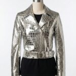 A luxury metallic silver crocodile embossed biker jacket women style by Custom Jackets USA.