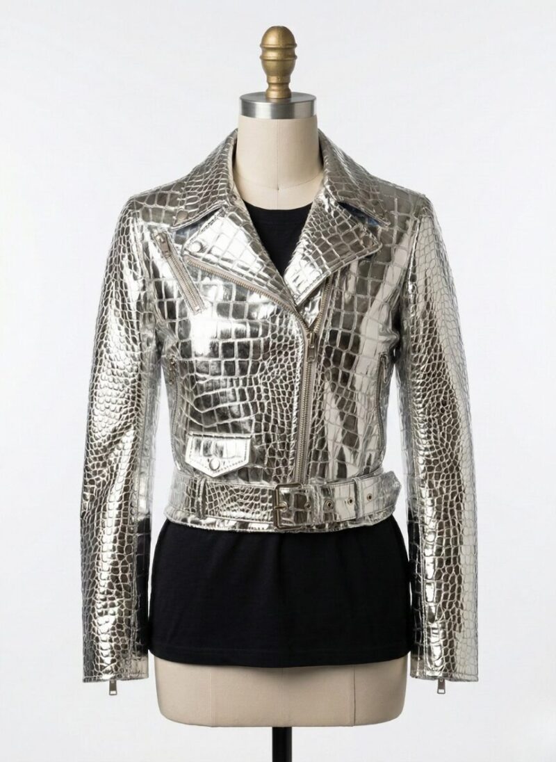 A luxury metallic silver crocodile embossed biker jacket women style by Custom Jackets USA.
