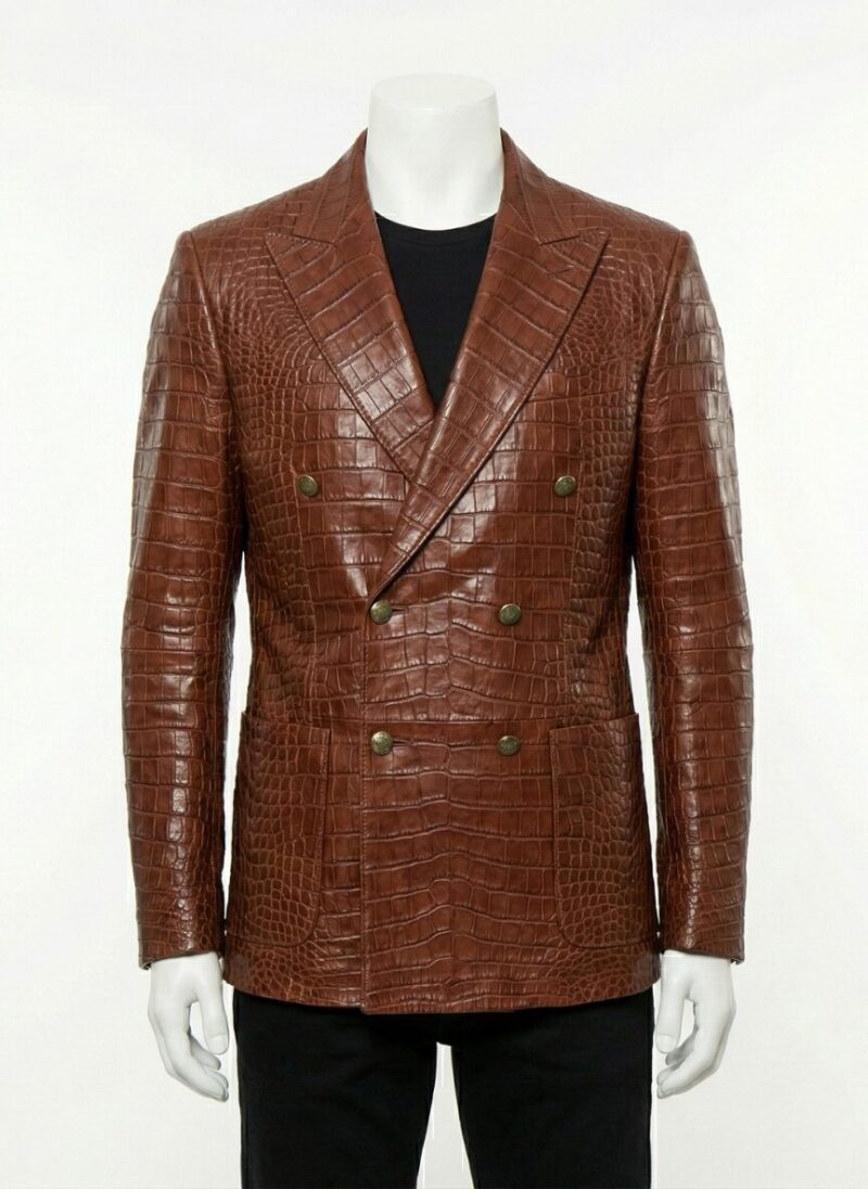 A luxury brown crocodile embossed genuine leather coat for men by Custom Jackets USA.