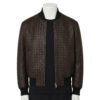 A premium mens leather bomber jacket in dark espresso woven leather with black ribbed collar and cuffs.