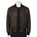 A premium mens leather bomber jacket in dark espresso woven leather with black ribbed collar and cuffs.