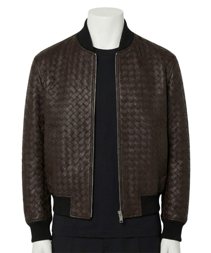 A premium mens leather bomber jacket in dark espresso woven leather with black ribbed collar and cuffs.