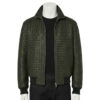 Front view of a mens leather bomber jacket in woven dark green leather featuring ribbed cuffs and a stand-up collar.
