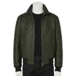 Front view of a mens leather bomber jacket in woven dark green leather featuring ribbed cuffs and a stand-up collar.