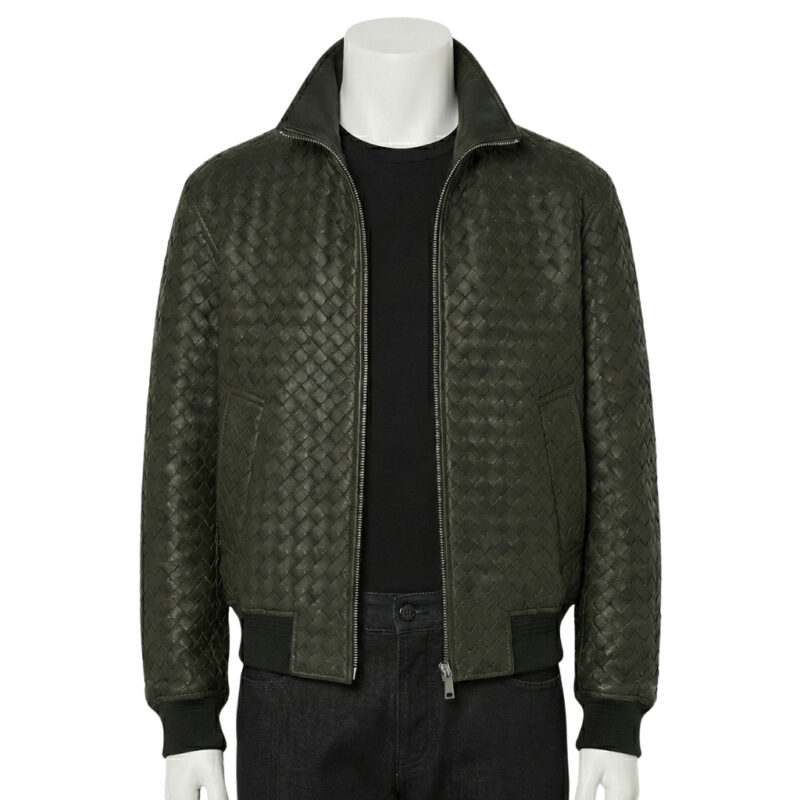 Front view of a mens leather bomber jacket in woven dark green leather featuring ribbed cuffs and a stand-up collar.