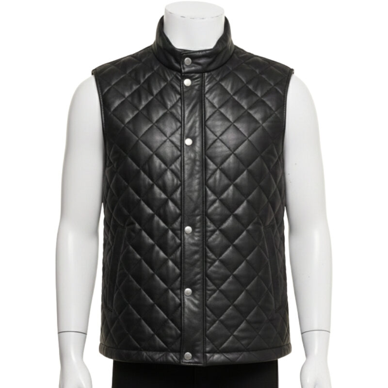 Detailed view of the diamond quilting and snap button closure on a leather puffer vest.