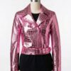 A luxury metallic pink crocodile embossed female bike jacket by Custom Jackets USA.