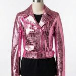 A luxury metallic pink crocodile embossed female bike jacket by Custom Jackets USA.