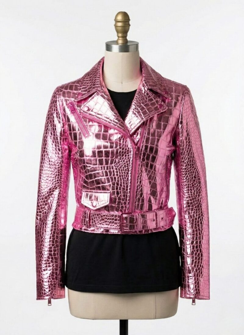 A luxury metallic pink crocodile embossed female bike jacket by Custom Jackets USA.