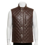 Mannequin wearing a men's rich brown diamond-quilted leather puffer vest with silver snap buttons and a stand-up collar.