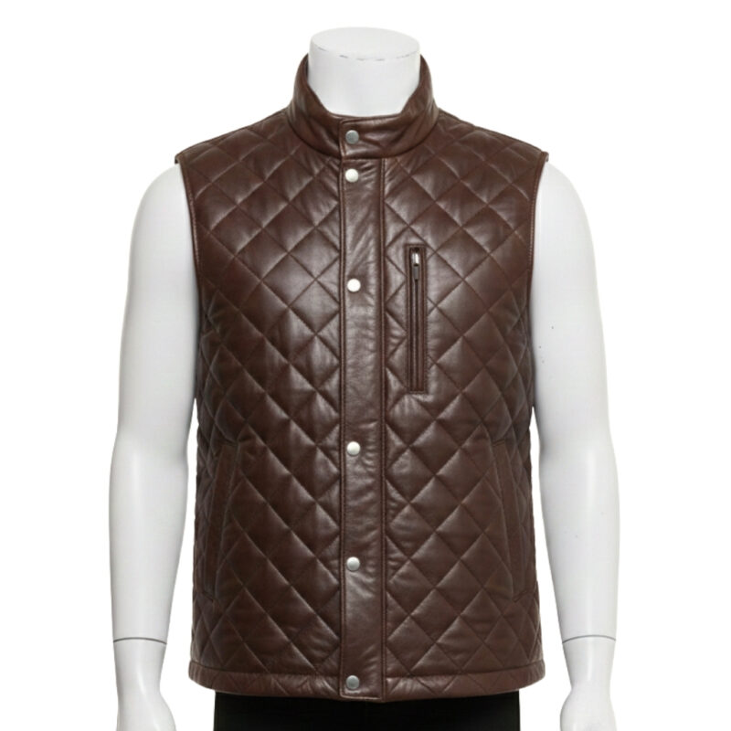 Mannequin wearing a men's rich brown diamond-quilted leather puffer vest with silver snap buttons and a stand-up collar.