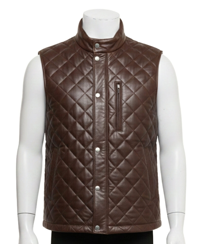 Mannequin wearing a men's rich brown diamond-quilted leather puffer vest with silver snap buttons and a stand-up collar.