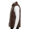 Mannequin wearing a men's rich brown diamond-quilted leather puffer vest with silver snap buttons and a stand-up collar.