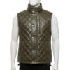 Mannequin wearing a men's olive green quilted leather puffer vest with silver snap buttons and a high collar.