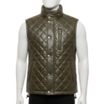 Mannequin wearing a men's olive green quilted leather puffer vest with silver snap buttons and a high collar.
