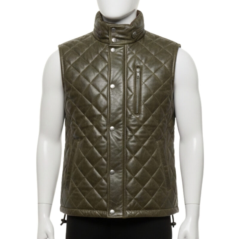 Mannequin wearing a men's olive green quilted leather puffer vest with silver snap buttons and a high collar.