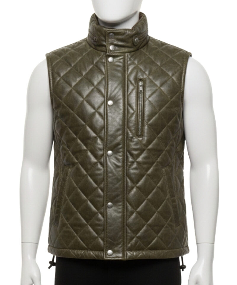 Mannequin wearing a men's olive green quilted leather puffer vest with silver snap buttons and a high collar.