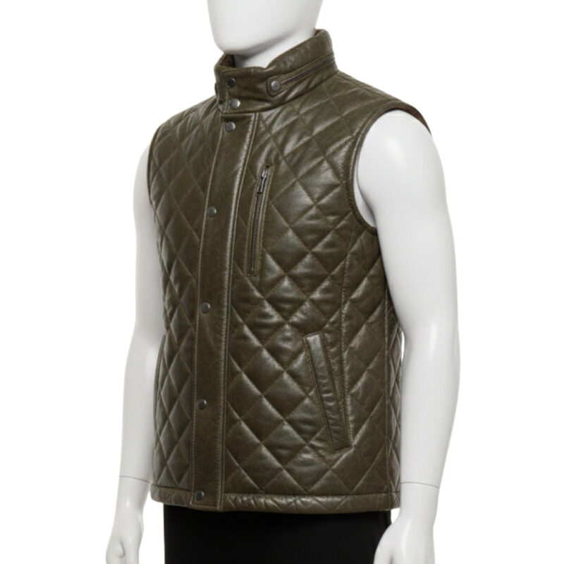 Mannequin wearing a men's olive green quilted leather puffer vest with silver snap buttons and a high collar.