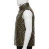 Mannequin wearing a men's olive green quilted leather puffer vest with silver snap buttons and a high collar.
