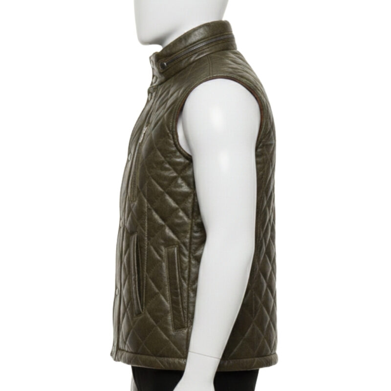 Mannequin wearing a men's olive green quilted leather puffer vest with silver snap buttons and a high collar.