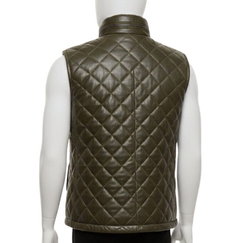 Mannequin wearing a men's olive green quilted leather puffer vest with silver snap buttons and a high collar.